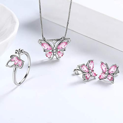 Aurora Tears Butterfly Jewelry,Women 925 Sterling Silver Butterflies Birthstone Pendant Necklace/Earrings/Rings Wedding Gift - color: J.October-set 2