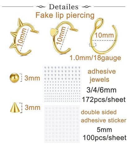 Longita Fake Lip Ring and Nose Piercing Set - Ball Spike, Hoop, Stud, Stick-on Bridge and Eyebrow Ring - Silver, Gold, Black - color: 3-gold