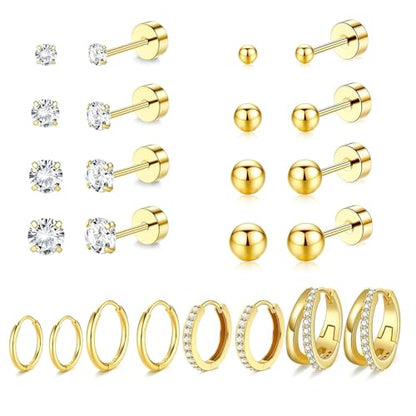 Stainless Steel Stud Earrings Set for Women Hypoallergenic Flat Back Cartilage Earrings Screw Back Huggie Hoop Earrings Multiple Piercing Cubic Zirconia Helix Tragus Jewelry - color: Set-C-14K Gold Plated