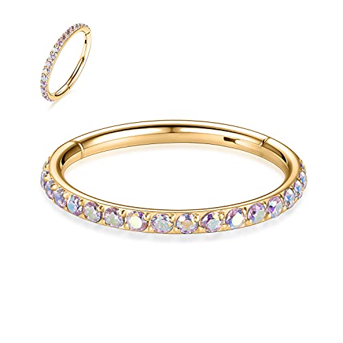 FUNLMO 20G 18G 16G 12G Nose Ring Hoop Conch Rook Daith Helix Tragus Piercing Jewelry 316L Surgical Steel Cartilage Earring Conch Hoop Earring Septum Jewelry Belly Lip Ring 5mm to 14mm - color: Gold-Pink ab CZ, 1pc
