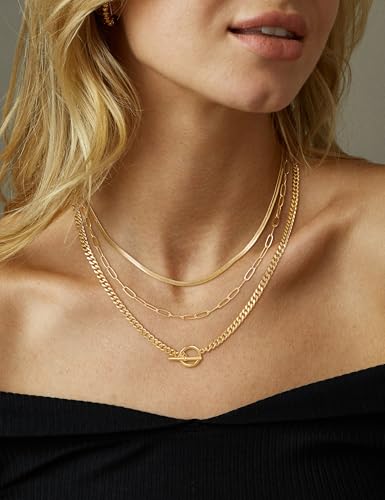 CHESKY 14K Gold Plated Layered Chain Necklace for Women | Trendy Cuban Link Chain, Chunky Paperclip Chain, Toggle Clasp Necklace, Fashion Gold Jewelry, Daily Gift for Women - style: chain3-gd