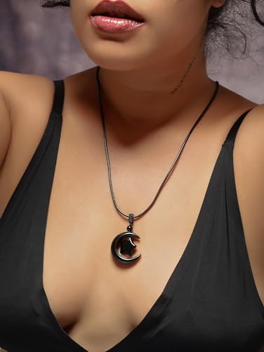 MINACHI Gothic Black Obsidian Moon Star Pendant Necklace with Braided Cord, Goth Celestial Jewelry Gift for Men and Women