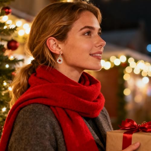 Sonateomber Christmas Tree Dangle Small Gold Hoop Earrings for Women, Cute Sparkly CZ Rhinestone Maple Clover Leaf Drop Earings Thanksgiving Holiday Accessories Fashion Jewelry Gift - color: Red Heart Wreath