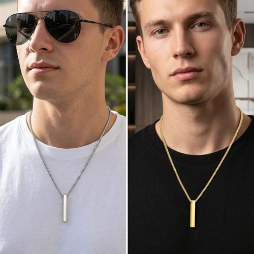 Romass 2Pcs Pendant Necklace for Men,Stainless Steel Silver Black Gold Bible Verse Chains for Men Vertical Bar Pendant Gifts Jewelry Box 16-24 Inches - size: 18 in, style: 2Pcs(silver+gold) 1.6 "* 0.2'' pendant