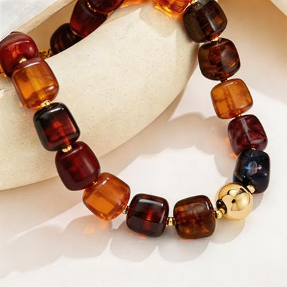 Colorful Statement Chunky Beaded Necklace for Women Large Square Resin Beads Y2K Trendy Bold Summer Vacation Boho Choker Jewelry - color: Brown