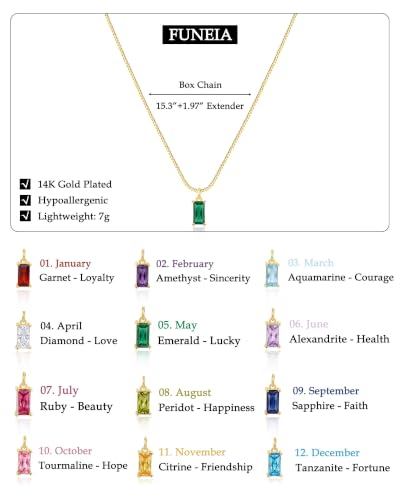 FUNEIA Diamond Necklaces for Women 14K Gold Plated Emerald Birthstone Necklace for Women Mothers Dainty Gold Necklace Blue Green Cubic Zirconia Pendant Necklace Birthday Gifts for Women Jewelry - color: 05. May(Emerald)