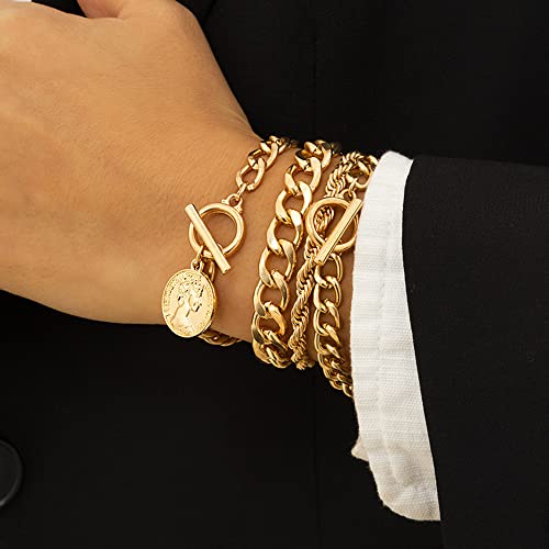 Boho Fashion Dainty Boho Gold Silver Chain Stackable Bracelets Set for Women Adjustable Beaded Coin Chunky Flat Cable Chain Punk Bracelets Jewelry for Women Gift Set of 4 - color: Gold