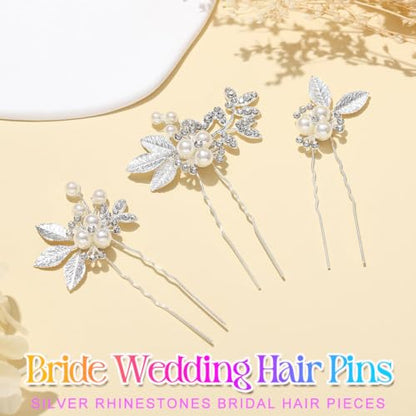 Heread Pearl Wedding Hair Pins Silver Bridal Clip for Women (Pack of 3) | Rhinestone Hair Clips Prom Accessories Accessory for Brides