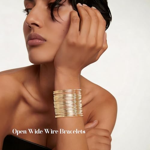 3PCS Chunky Cuff Bracelets for Women Irregular Minimalist Statement Bangle Bracelets Set Open Wide Wire Grooved Hammered Bangle Bracelet Gold Sliver Wrist Cuff Wrap Bracelet Adjustable - color: Gold Cuff Bracelets B