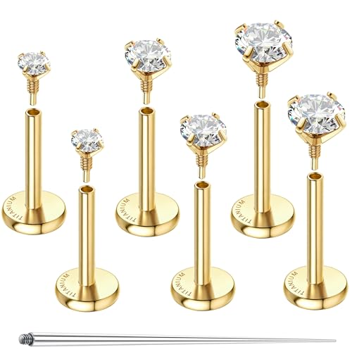 G23 Implant Grade Titanium Flat Back Earrings 16G/18G/20G | 3 Pairs Astm F136 Hypoallergenic Flatback Earrings Internally Threaded Studs for Nose, Helix, Tragus, Conch, Labret Piercing - color: Gold, size: 18G(1.0MM) Bar-6/7/8mm & CZ-2/3/4mm