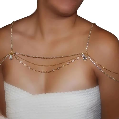 Rhinestone Tassel Shoulder Chain Necklace,Multi-Layered Rhinestone Shoulder Arm Chain Sexy Rave Crystal Fringe Back Chain Bridal Wedding Shoulder Body Jewelry for Women - color: Shoulder jewelry& gold