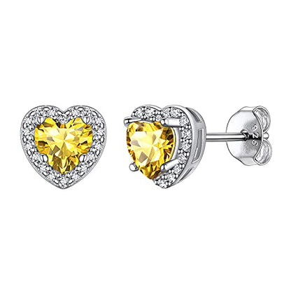Suplight 925 Sterling Silver Birthstone Stud Earrings for Women, Round/Heart/Teardrop/Square Crystal Diamond Earrings for Women, Dainty Birthday Gifts Jewelry - color: style b-11. heart-November(Created Citrine)