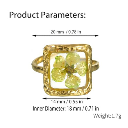 Hebelee Handmade Dried Flower Statement Ring for Women | Gold-Toned Stainless Steel,Adjustable,Pressed Blossom Forget-Me-Not Flowers Open Band Rings,Wedding Holiday Jewelry - color: Square Green