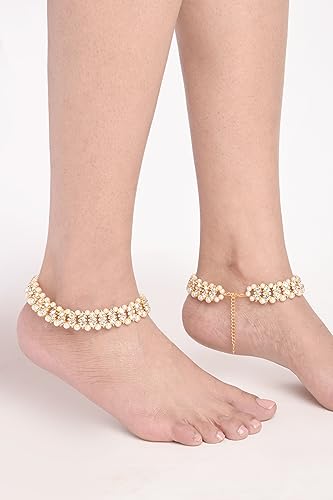 Efulgenz Indian Anklet Bracelet Bridal Crystal Faux Pearl Jhanjara Payal - color: White Gold