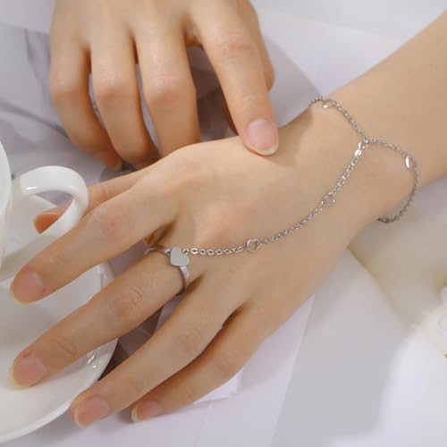 UNIFT Hand Chain Bracelets for Women Set Stainless Steel Adjustable Heart or Four-Leaf Clover Ring Chain Bracelet Trendy Dainty Jewelry Set Gifts - color: silver 1