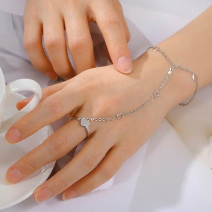 UNIFT Hand Chain Bracelets for Women Set Stainless Steel Adjustable Heart or Four-Leaf Clover Ring Chain Bracelet Trendy Dainty Jewelry Set Gifts - color: silver 1