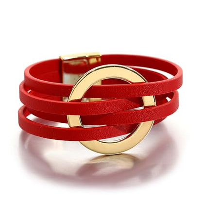 hotoo Circle Charm Bracelets for Women Handmade Leather Wrap Bracelets for Couples Friendship Bracelet Bohemian Cuff Bangle Boho Jewelry Gift - color: New Red