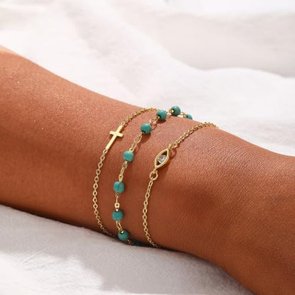 Cuzmly Bracelets for Women, Waterproof 14K Gold/Silver Plated Stackable Bracelets for Women Non Tarnish Trendy Dainty Paperclip Figaro Box Herringbone Hand Chain Bracelet Pack Stack Adjustable Jewelry for Women - style: 3 Cross