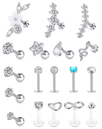 Tornito 9-30Pcs Cartilage CZ Stud Earrings Conch Forward Helix Tragus Daith Piercing Lip Rings Snake Heart Butterfly Jewelry for Women Men 16G Silver Gold Tone - color: A:Silver Tone