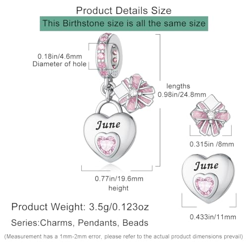 HappyStar 925 Sterling Silver Happy Birthday Bead Charm Love Heart Shape Birthstone Charms for Bracelets Dangle Pendant with 5A Cubic Zirconia Compatible Pandora Bracelets Jewelry Gift for Women - color: 6-June Birthstone Charms