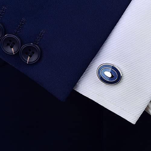 Fomissky Oval Navy Blue Cufflinks for Men Silver Plated, Personalized Men's Cuff Links Groom Wedding Gifts Tuxedo Business Shirt Accessories