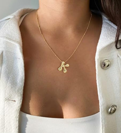 Bheop Initial Necklace for Women, Gold Silver A-Z Bubble Letter Necklace | Chunky Personalized Monogram Name Pendant, Cute Balloon Charm, Dainty Beaded Chain, Trendy Jewelry Gifts, Non Tarnish - color: Gold, style: K