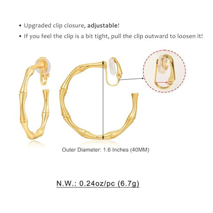 WOWORAMA Chunky Gold Hoop Clip On Earrings for Women | Large Chunky Hoops Clips Earrings, Polished Gold-Plated Clip-On Hoops, Statement Non Pierced Jewelry - color: 40mm Large Hoops
