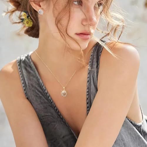 Rotating Sunflower Necklace & Earrings Jewelry Set for women| Gold coating Titanium Alloy with Sparkling Cubic Zirconia| Jewelry box +Tote Bag +3D Card |Gift for Birthday, Anniversary or Mother's Day - color: SpinningSun