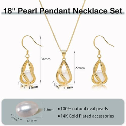 Pearl Jewelry Set For Women S925 Sterling Silver/14K Gold Plated Necklace & Earrings Set Freshwater Pearl Pendant Cage Set for Wedding Anniversary Prom Birthday Gift - color: Golden-White