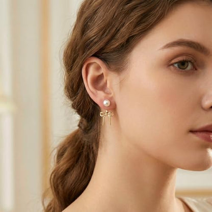 Pearl Earrings for Women 14k Gold/Silver Pearl Drop Earrings Long White Pearl Tassel Dangle Statement Earrings Bridal Wedding Dainty Prom Earrings Birthday Gifts Jewelry - color: Gold Bow Pearl Earrings