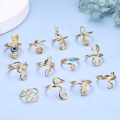 FIBO STEEL 12Pcs Adjustable Toe Rings for Women Open African Toe Rings Summer Beach Foot Jewelry - color: Gold Tone
