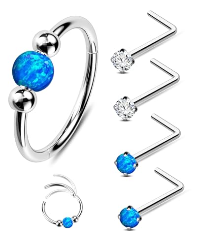 Jewseen 5Pcs Stainless Steel Nose Rings Hoops 20g Opal Nose Studs L Shaped Nose Rings Nose Piercing Jewelry Cartilage Hoop Helix Tragus Daith Earrings for Women - color: blue