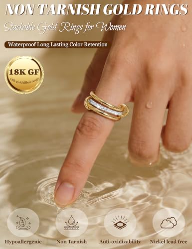 18K Gold Plated Stackable Rings for Women CZ Mixed Metal Statement Rings Set Non Tarnish Interlocked Stacked Ring Unique Connected Band Thumb Ring Fashion Multi-layer Wedding Ring Jewelry Size 6-10 - style: Gold Style A