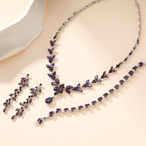 EVER FAITH Marquise Crystal Leaf Bridal Prom Jewelry Set for Women Bride | Rhinestone Wedding Party Necklace Dangle Earrings Tennis Bracelet, for Bridesmaid - color: Purple Silver-Plated-Base