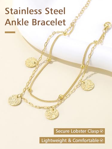 FindChic Ankle Bracelets for Women, Silver/Black/Gold Plated Layered Stainless Steel Anklets, Non-Tarnish Adjustable Waterproof Trendy Foot Jewelry for Beach Summer - style: Layered Coin Charm-Gold