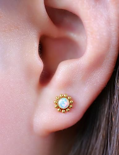 Limerencia G23 Hypoallergenic 18g Flat Back Stud Earrings | F136 Implant Grade Titanium Press Fit Threadless Push Pop in Cartilage Helix Labret Lip Monroe Tragus Piercing Studs - color: Opal Sun Gold