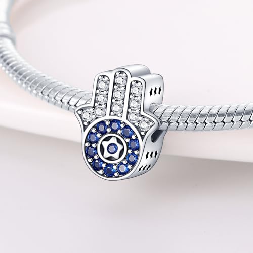 LNQOBU 925 Sterling Silver Charms for Bracelets Necklaces,5A Cubic Zirconias Evil Eye Dangle Beads Charms Jewelry Gift for Women (With one Spacer Beads Charms) - style: Fatima's Hand Bead Charm