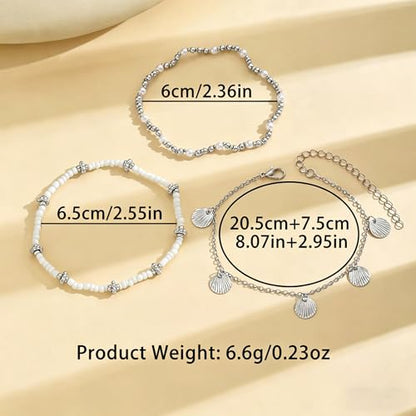 Gold Anklets Bracelets for Women Waterproof Layered Beaded Anklet Bracelets Set Boho Pearl Starfish Shell Anklet Bracelet Stacked Turquoise Anklets Bracelet Summer Beach Foot Jewelry Gift for Women - style: Silver Beaded