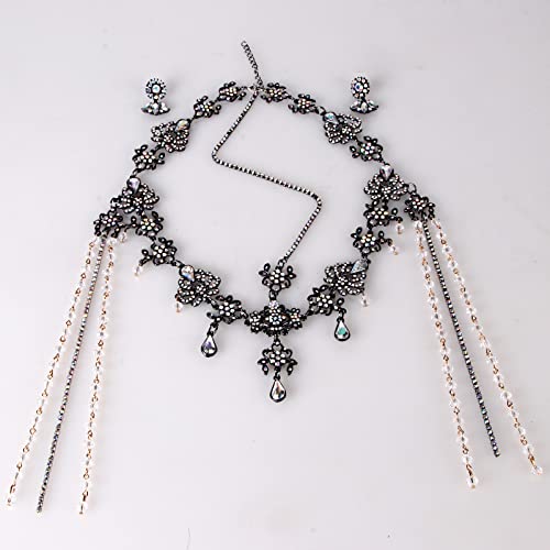 Bridal Headband and Earrings Crystal Jewelry Set Wedding Headpiece for Women Brides Tiara Rhinestone Hair Accessories - color: Black