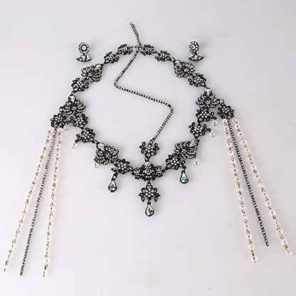 Bridal Headband and Earrings Crystal Jewelry Set Wedding Headpiece for Women Brides Tiara Rhinestone Hair Accessories - color: Black