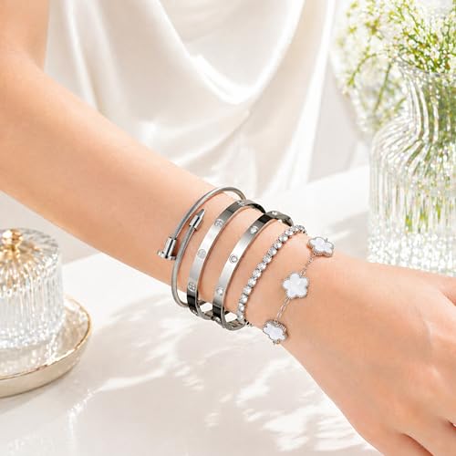 18K Gold Plated Love Bangle Bracelet Stack for Women, Adjustable Clover Bracelet & CZ Tennis Chain Set, Stackable Layered Jewelry, Fade Resistant, Long-Lasting Luster for Daily Wear & Gift - color: 5Pcs Silver White