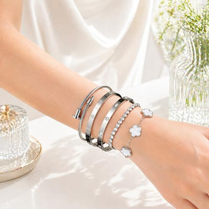 18K Gold Plated Love Bangle Bracelet Stack for Women, Adjustable Clover Bracelet & CZ Tennis Chain Set, Stackable Layered Jewelry, Fade Resistant, Long-Lasting Luster for Daily Wear & Gift - color: 5Pcs Silver White