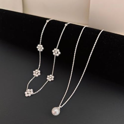 LULII Pearl Necklaces for Women 14K Gold Plated Dainty Layered Single Pearl Necklace Simple Daisy Pearls Choker Cute Gold Necklace Stack Jewelry Sets for Women Trendy Gifts - color: Silver-Layered Daisy Pearl
