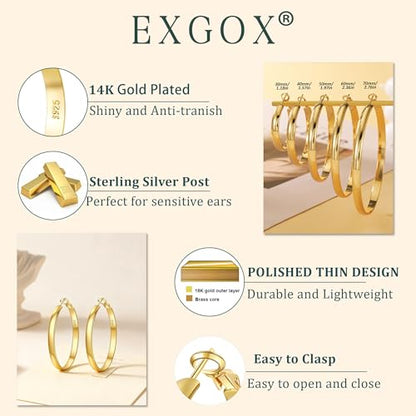 EXGOX 5mm Wide Gold Hoop Earrings for Women,Sterling Silver Hoop Earrings Large Silver Hoop Earrings Hypoallergenic Lightweight 14K Real Gold Plated Big Hoop Earrings for Women 30/40/50/60/70mm - color: Gold Color/40MM