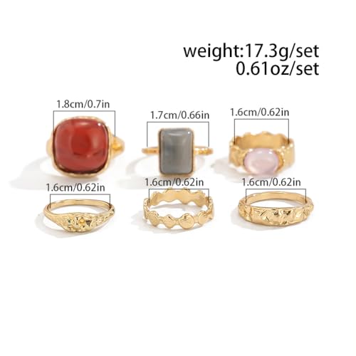 Statement Colorful Crystal Chunky Gold Hammered Dome Knuckle Rings Stackable for Women, Retro Thick Resin Ring Stacking Prom Party Jewelry Accessories - color: Red