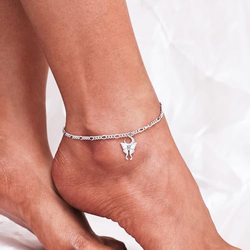 CHIC & ARTSY 925 Sterling Silver Ankle Bracelets for Women, Adjustable Layered Foot Chains with Nature & Symbol Charms, Lightweight Comfort Fit Boho Beach Everyday Jewelry - color: # Shell Butterfly Anklet