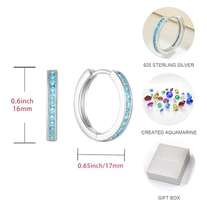 Starchenie Huggie Hoop Earrings for Women 925 Sterling Silver Princess Cut Birthstones Jewelry Gift - color: 03-Aquamarine-Mar
