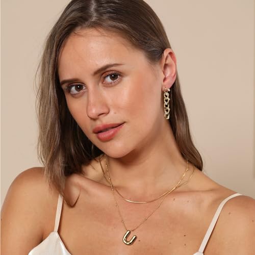 LUCA SMITH 2-Piece Initial Necklaces for Women, Dainty Balloon Bubble A-Z Letter Necklace Set, Name Letter Alphabet Pendant Layered Choker Necklaces Personalized Jewelry Gift - color: Gold bubble letter necklace, style: Initial Set-U