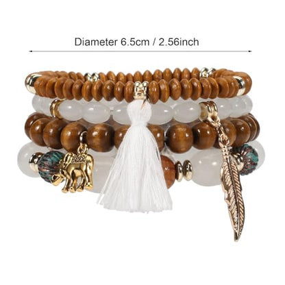 4Pcs Bohemia Multilayer Stackable Elephant Leaf Tassel Bracelets Colorful Wooden Resin Beaded Stretch Bracelets for Women Men Summer Beach Boho Vacation Hawaii Jewelry Gifts - style: StyleA