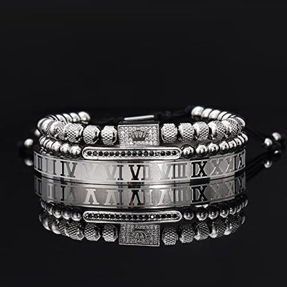 WFYOU 3PCS Stainless Steel Imperial Crown Bracelets for Men Gold Roman Numeral Bangle Bracelet Adjustable Cuff Bracelet Mens Luxury Jewelry Gifts - style: 04:silver-Small Crown